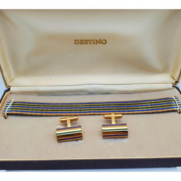 Destino Cufflinks Enamel Stripes Watch Band Retro Mens 1/20 10K Gold Filled MCM - Picture 3 of 12